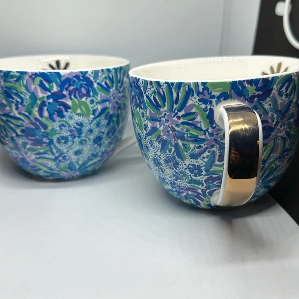 COPY - Extra Lg Set o/2 Lilly Pulitzer Ceramic Cups Blue/Purple/Green w/Golden …
